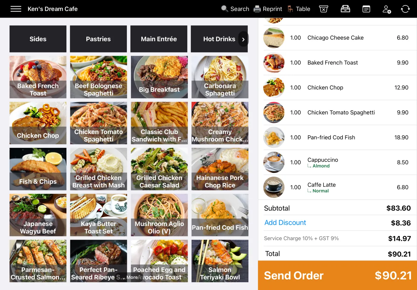 Shopways iPad POS taking a café order with items, discounts and PayNow/SGQR payment