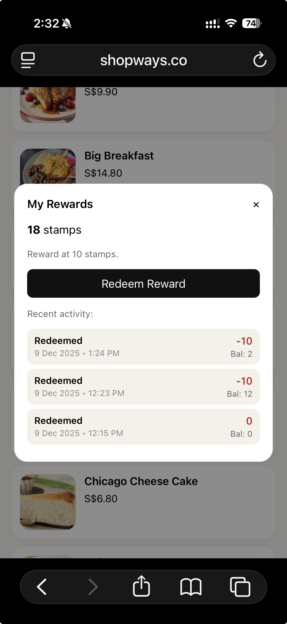 QR Menu stamp rewards screen for Cafe